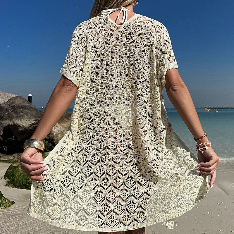 Hollow Out Cutout Knitted V neck Loose Side Drawstring Split Sexy Seaside Vacation Beach Sun Shield Bella Mia
