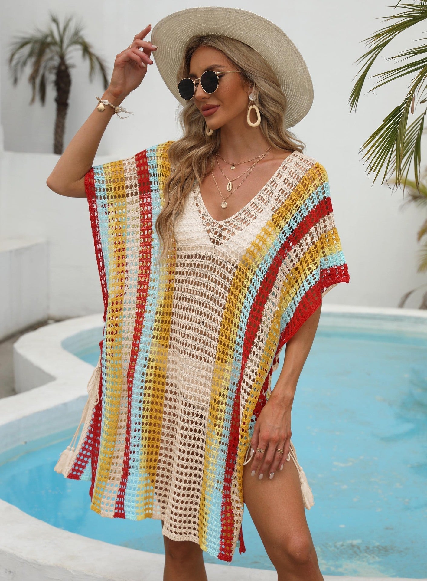 Women Clothing Color Contrast Patchwork Woven Hollow Out Cutout Beach Vacation Beach Cover Up Lace Up Dress Bella Mia