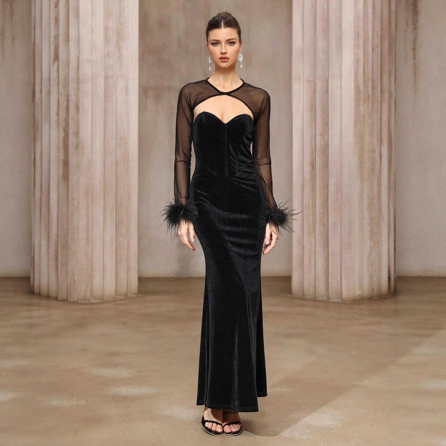 Two Piece Velvet Mesh Top Dress Set Backless Cutout Maxi Bodycon Formal Bella Mia