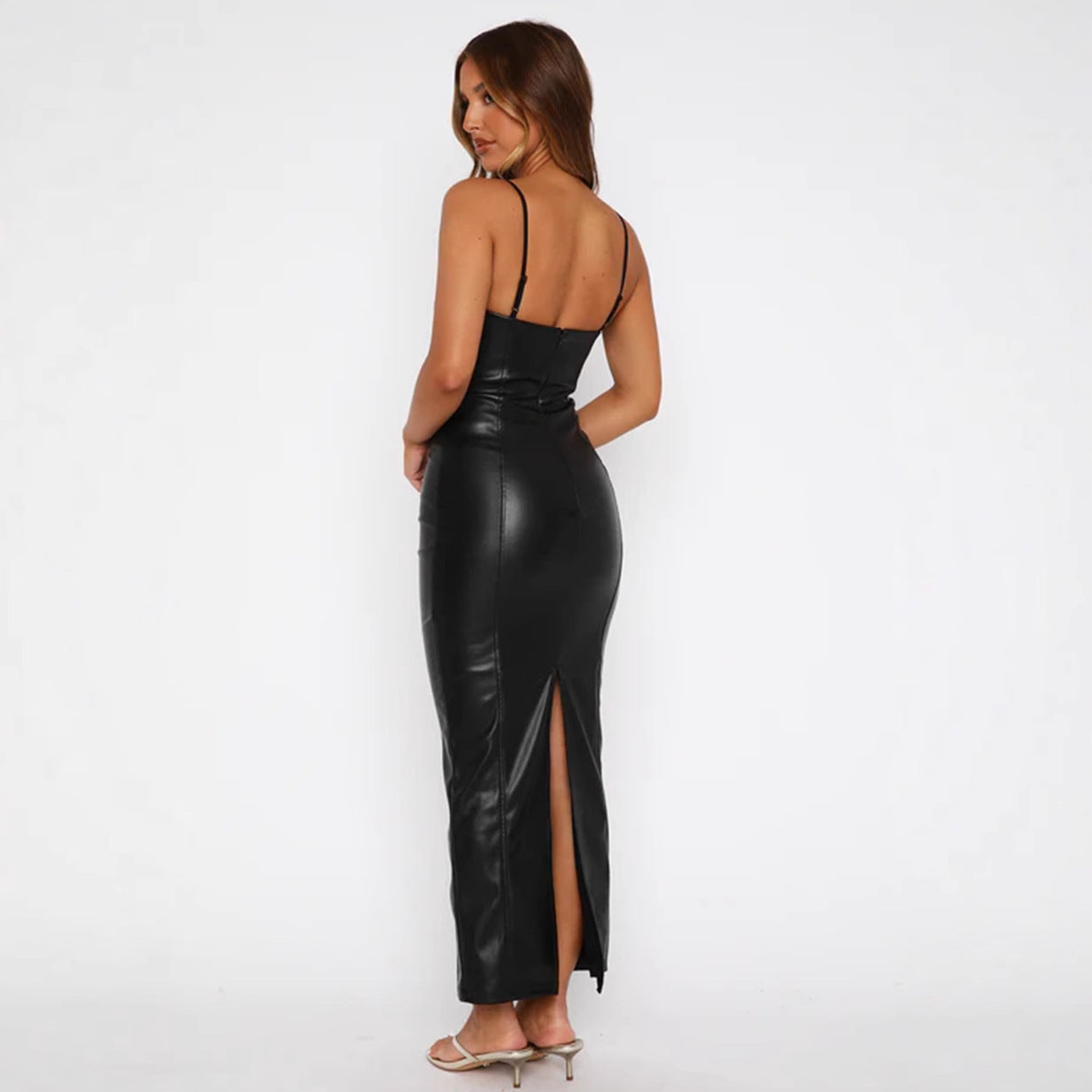 Women Clothing Dress Spring Summer Leather Sling Zipper Back Slit Line Waist Tight Hip Dress Bella Mia