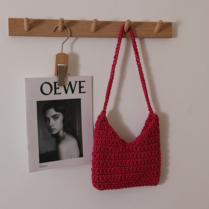 Single Shoulder Cotton Thread Woven Bag Solid Color Single Shoulder Women Bag Casual Underarm Bag Vacation Beach Bag Bella Mia