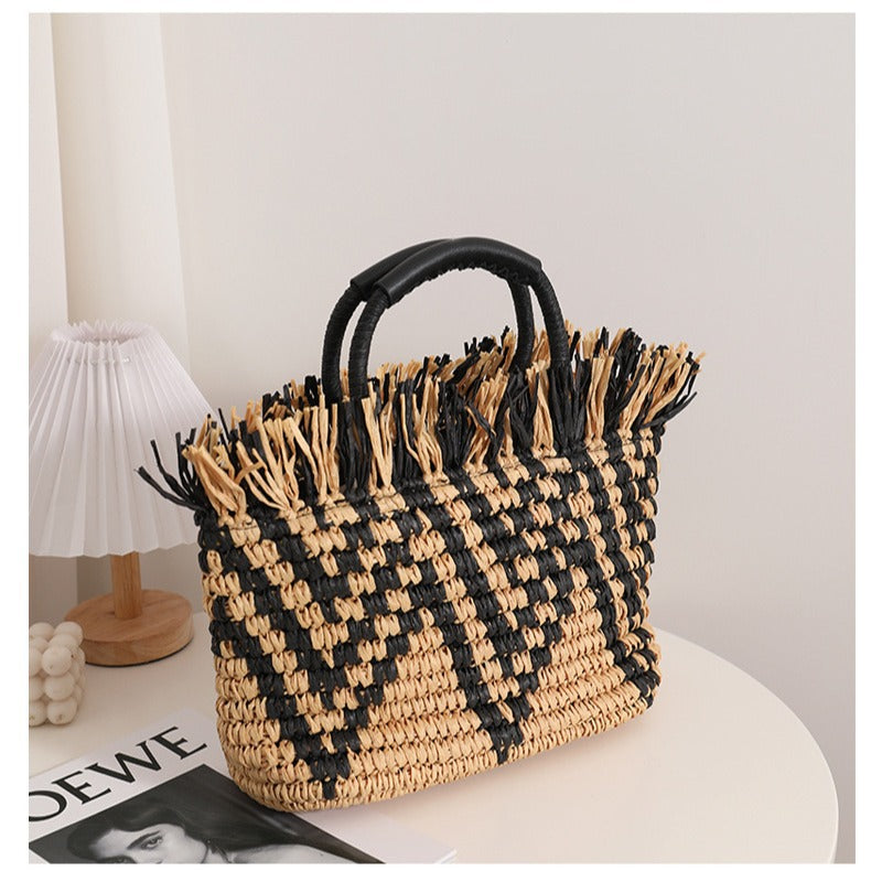 Color Matching Loose Edge Straw Bag Loose Edge Portable Color Matching Woven Bag Seaside Vacation Beach Bag Women Bag Bella Mia