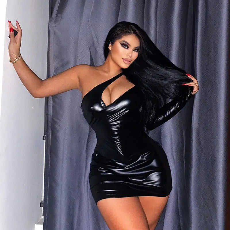 Metallic Coated Faux Leather One Shoulder Bodycon Dress With Diagonal Collar Bella Mia