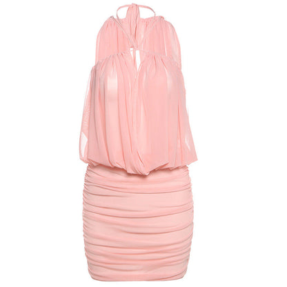 Spring Women Sexy Cross Lace up Two Way Tube Top Vest Mesh Pleats Dress Women