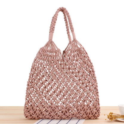 Solid Color One Shoulder Woven Bag Trendy Women Mori Straw Bag Degrees Handmade Cotton String Net Pocket Beach Bag