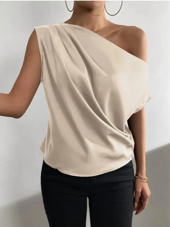 Spring Solid Color Satin Artificial Silk Irregular Asymmetric Shoulder off Shoulder Pullover Sleeveless Shirt Women Clothing Bella Mia