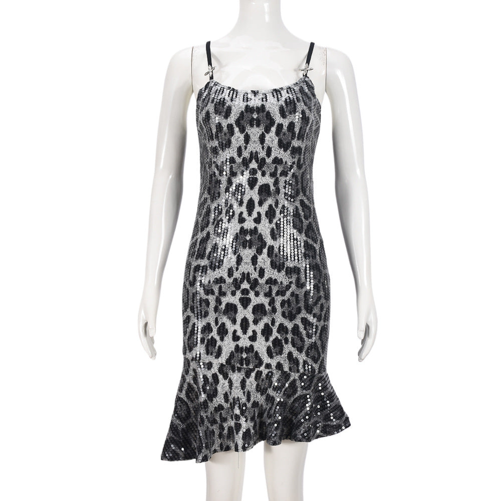 Women Clothing Autumn Sequined Leopard Backless Cross Decoration Sexy Dress Bella Mia