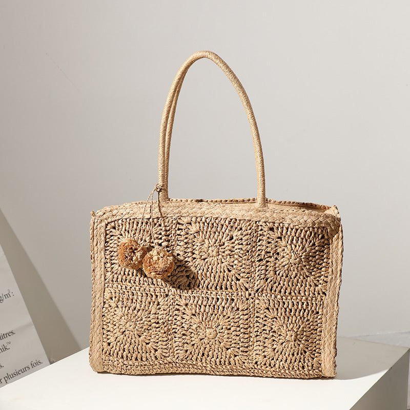 Hollow Out Cutout Straw Bag Large Capacity Fur Ball Hand Woven Bag Casual Women One Shoulder Handbag Beach Bag Bella Mia