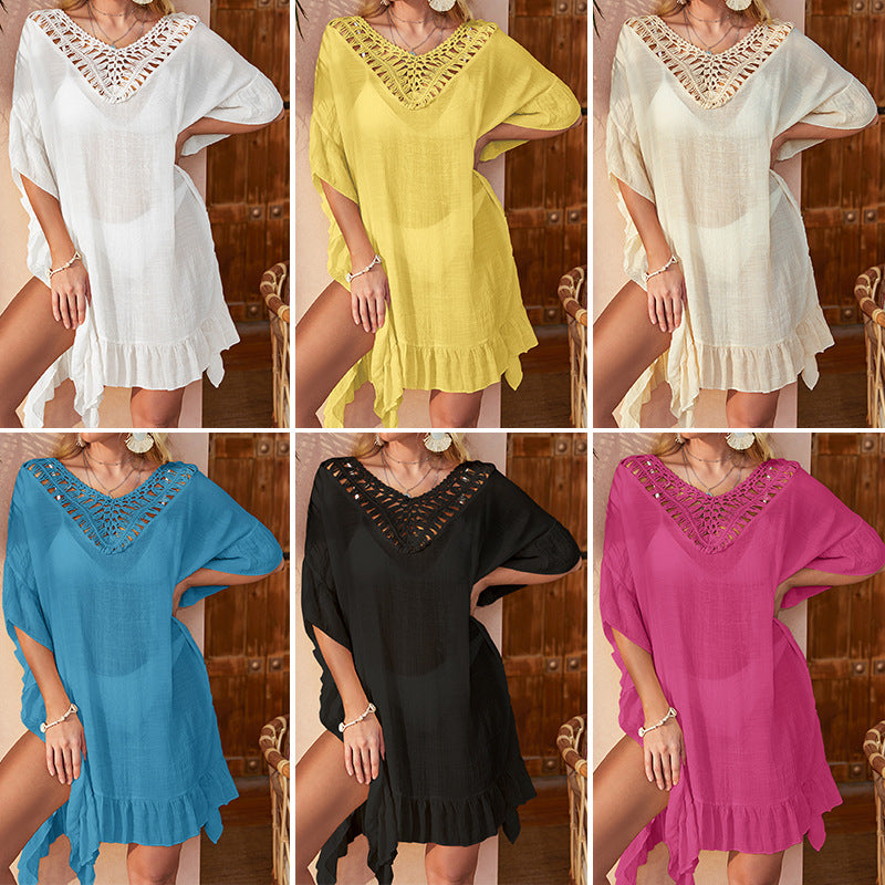 Women Clothing Multi Color Flounced Skirt Hem Hand Crocheting Collar Strap Exposed Back Sexy Sun Protection Casual Short Hollow Out Cutout Cardigan Bella Mia