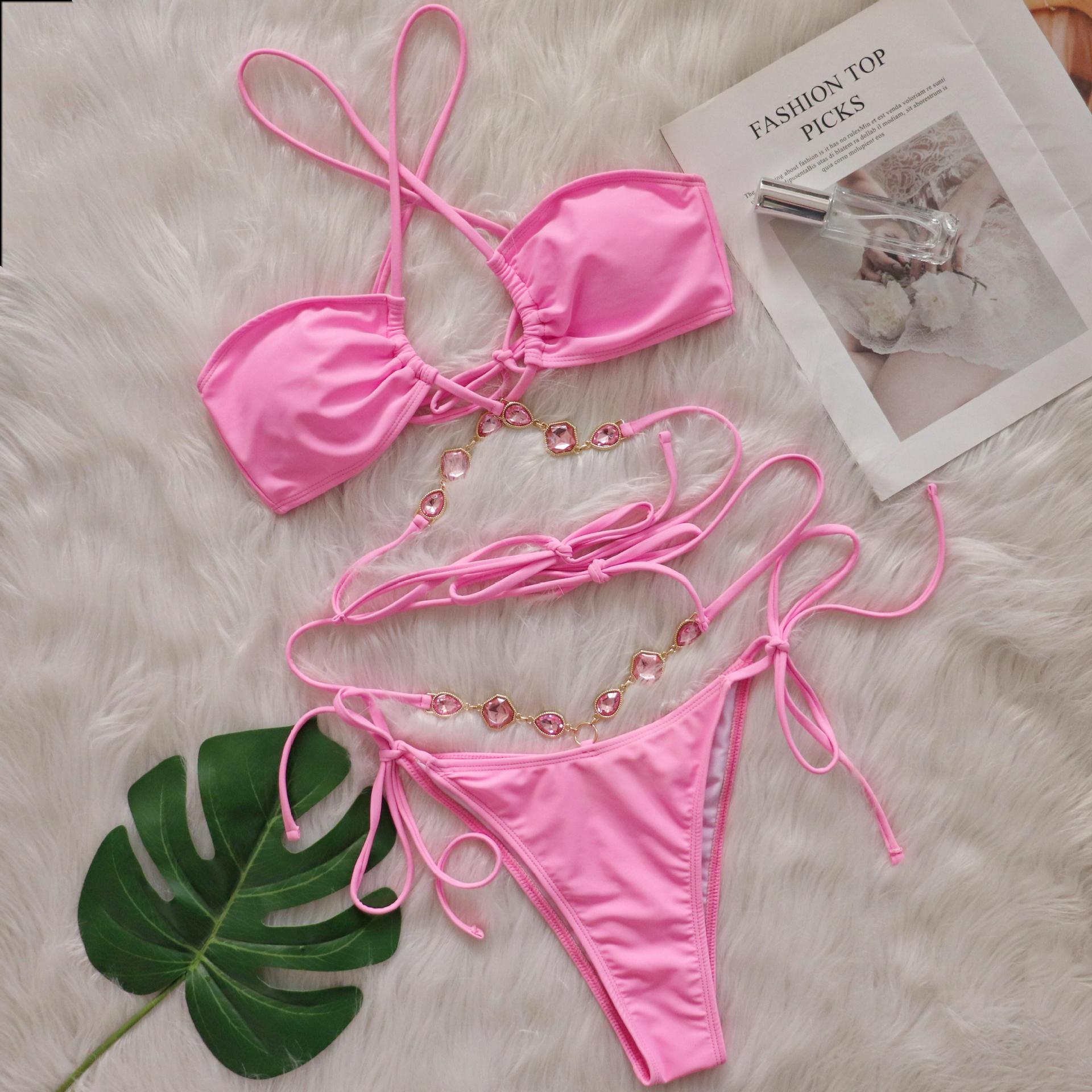 Sexy Crystal Diamond Bikini Halter Cross Strap Split Women Swimsuit Beach Vacation Swimsuit Bella Mia