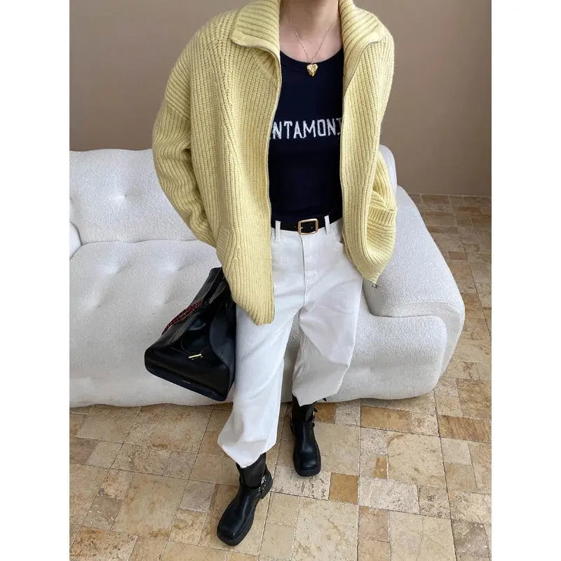 Loose Feeling Weekend Soft Glutinous Idle Double Zipper Loose Knitted Cardigan Sweater Coat Bella Mia