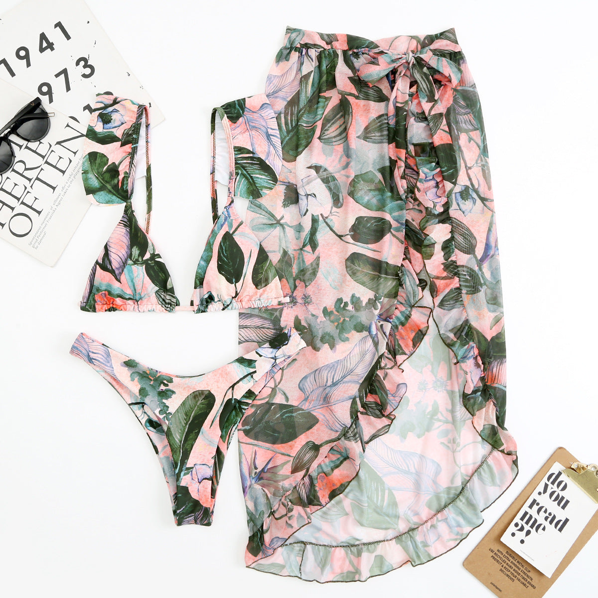 Women Printed Split Sexy Double Sided Mesh Triangle Bikini Swimsuit Three Piece Set Bella Mia