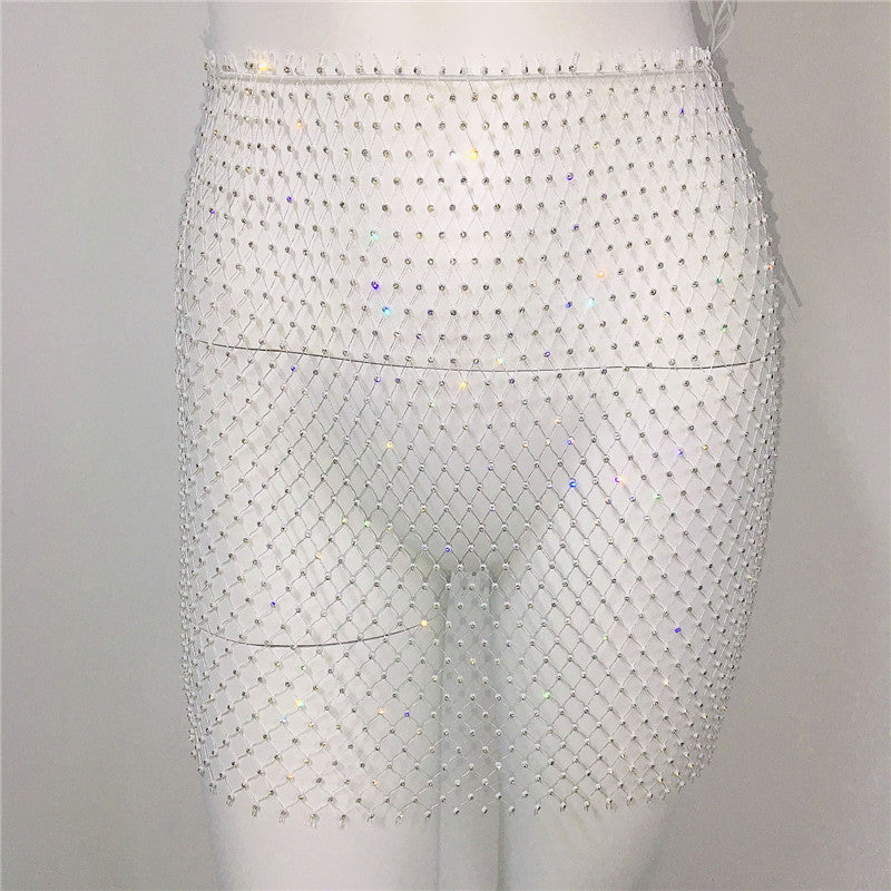 Women Clothing Sexy Fishnet Rhinestone Skirt Sweet Spicy Mini Skirt Rhinestone Miniskirt Women Bella Mia