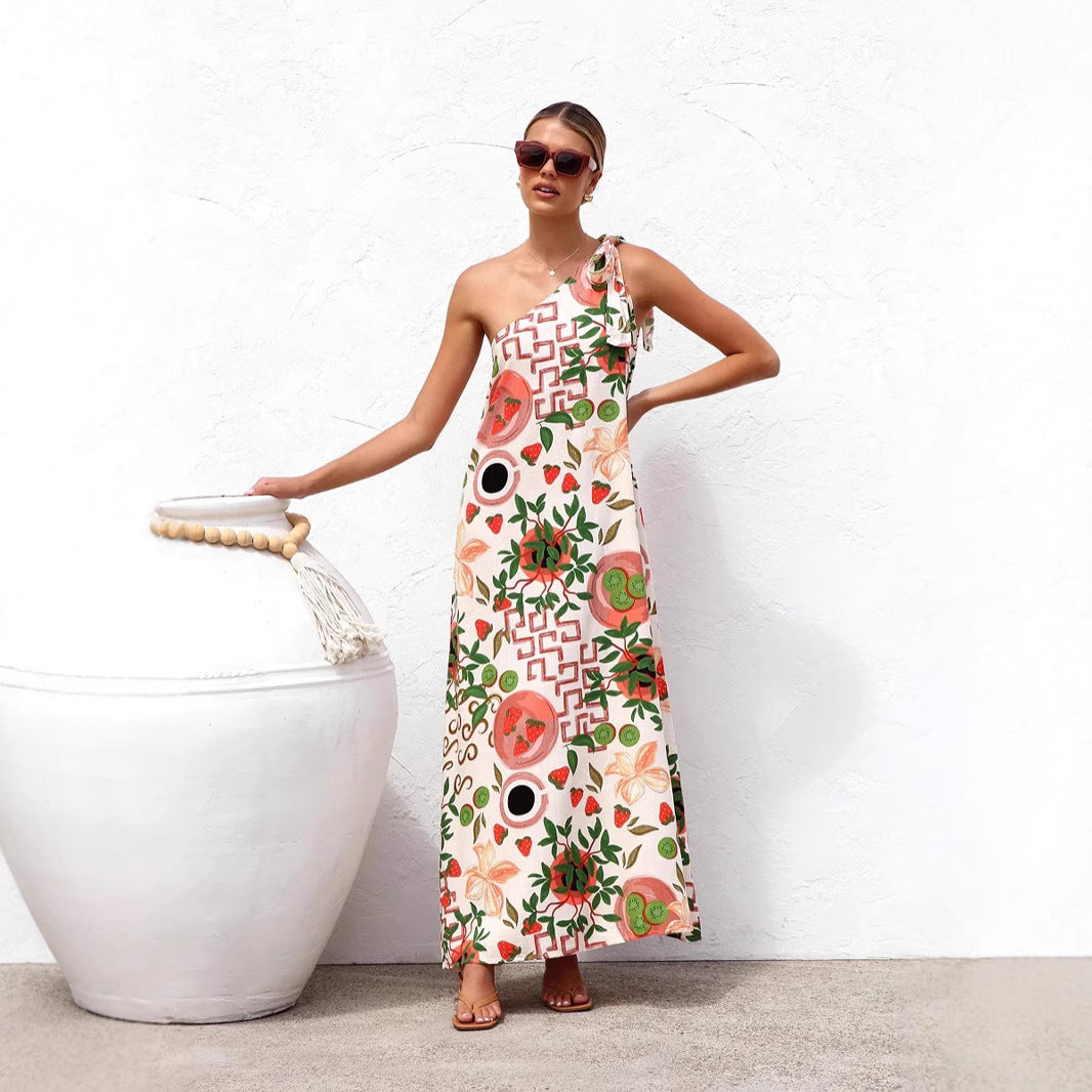 Summer Dress Printed Shoulder Lace up Elegant Dress Women Bella Mia