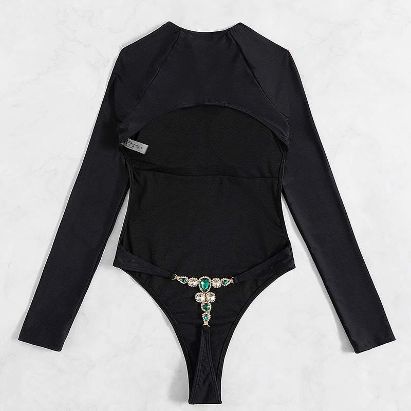 Long Sleeve One Piece Swimsuit Long Sleeve Backless Sexy Swimsuit T-Back Light Diamond One Piece Swimsuit Bella Mia