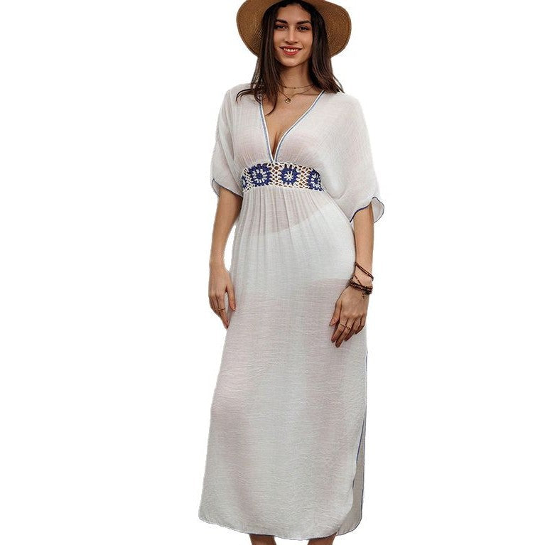 Summer Solid Color Dress Knitted Embroidered Holiday Beach Sun Shield Women Bella Mia