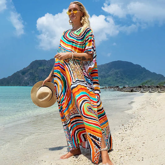 Boho Printed Beach Maxi Dress In Viscose With Animal Print And Split Sleeve Bella Mia