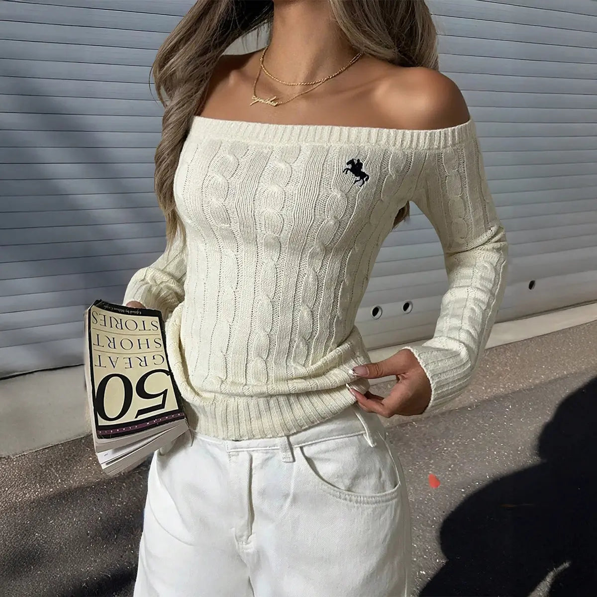 Minimalist off the Shoulder Long Sleeve Sweater Woolen Women Clothing Autumn Winter Bella Mia