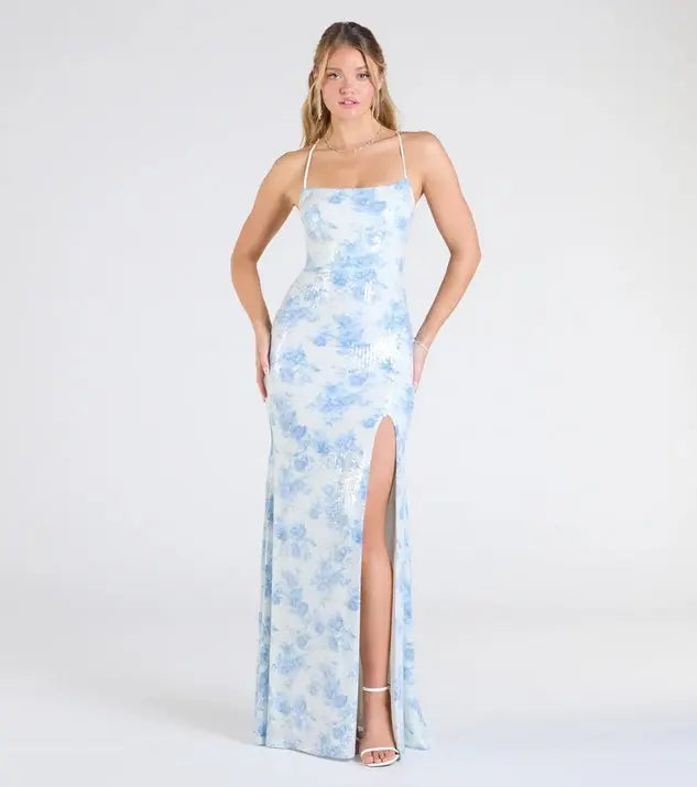 Floral Spaghetti Strap Maxi Dress With Split And Zipper Backless Eveningwear Bella Mia