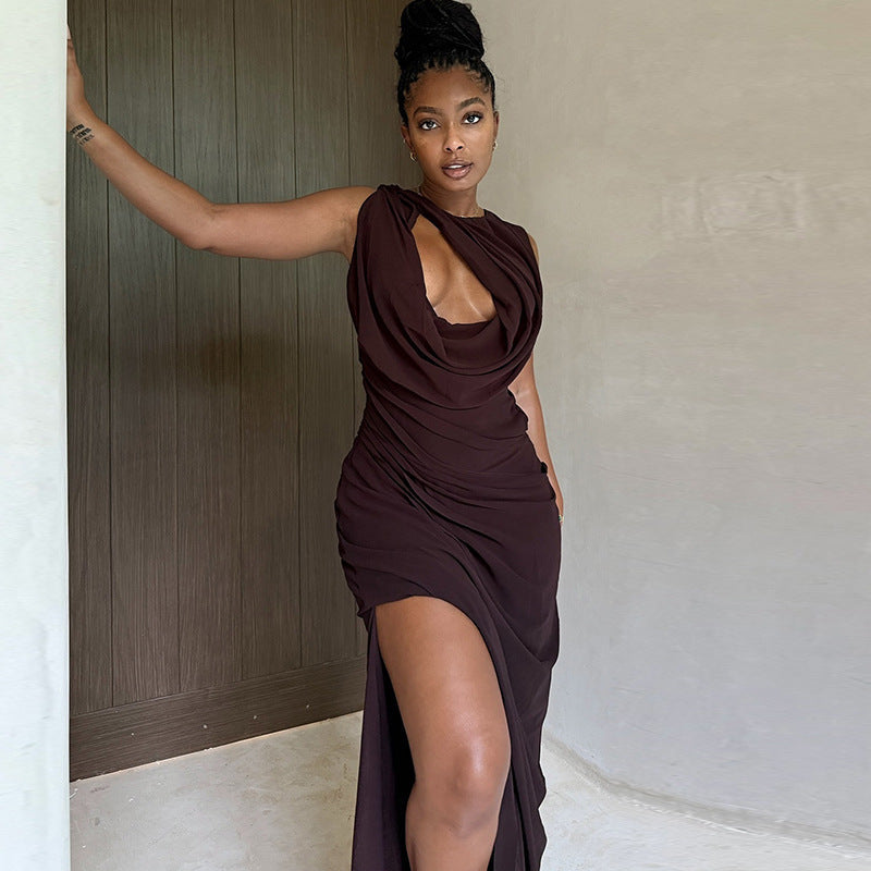 Personalized Pleated Hollow Out Cutout Solid Color Tight Crew Neck Split Maxi Dress Loose Elegant Women Clothing Bella Mia