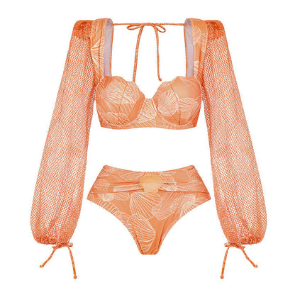 V neck Shell Decorative Mesh Long Sleeve One Piece Swimsuit Women