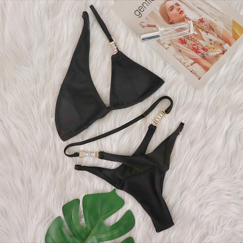 Sexy Bikini Crystal Diamond Striped Strap Split Women Swimsuit Bella Mia