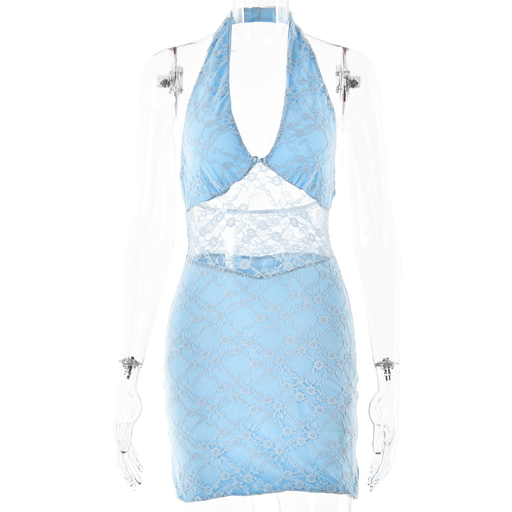 Spring Dress Sexy Trend V neck Halter Lace Stitched Backless Dress Bella Mia