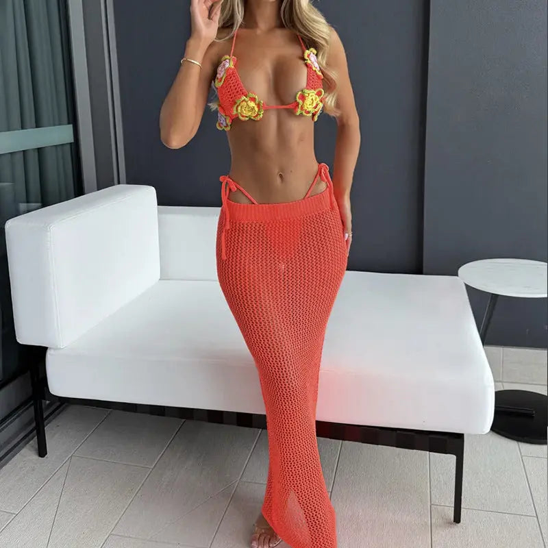 Boho Hollow Out Maxi Beach Cover Up Set With Back Strap Sun Protection Bella Mia