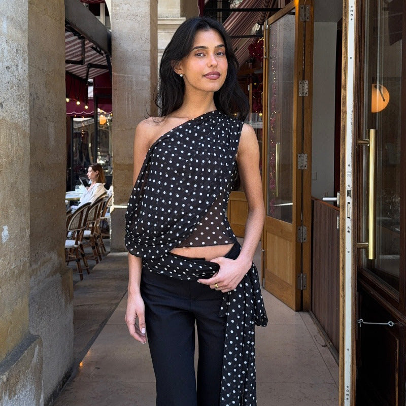 Women Clothing Summer Sexy Diagonal Collar Polka Dot Chiffon See through Irregular Asymmetric Top Women Bella Mia