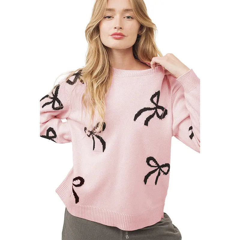 Autumn Long Sleeved Knitted Top for Women Loose Sweet Bow Printed Sweater for Women Bella Mia