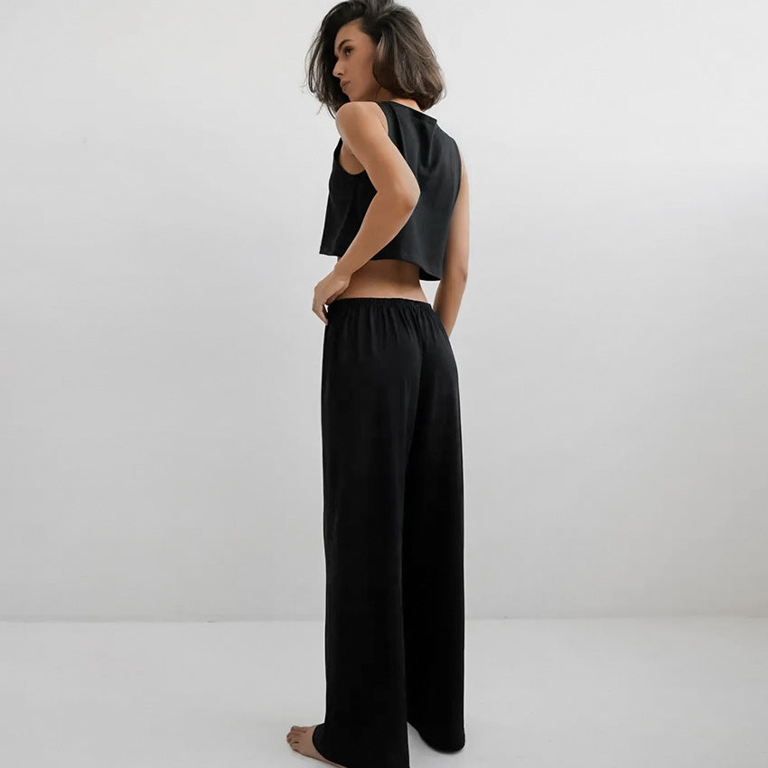 Spring Summer Home Wear Sleeveless Vest Pants Two Piece Set Knitted Emerized Pajamas for Women Bella Mia