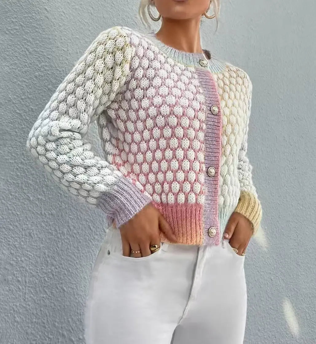 Autumn Winter Cardigan Rainbow Jacquard Short Sweater Girls Coat Single Side Buckle Bella Mia