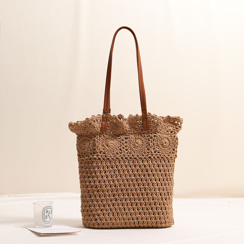 Hollow Out Cutout Floral Single Shoulder Cotton Thread Woven Bag Lace Straw Bag Vacation Beach Bag Office Women Bag Bella Mia