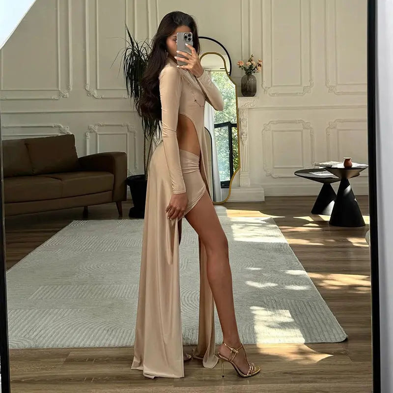 Women's Fall Round Neck Irregular Long Sleeve T Shirt And Maxi Skirt Set Bella Mia