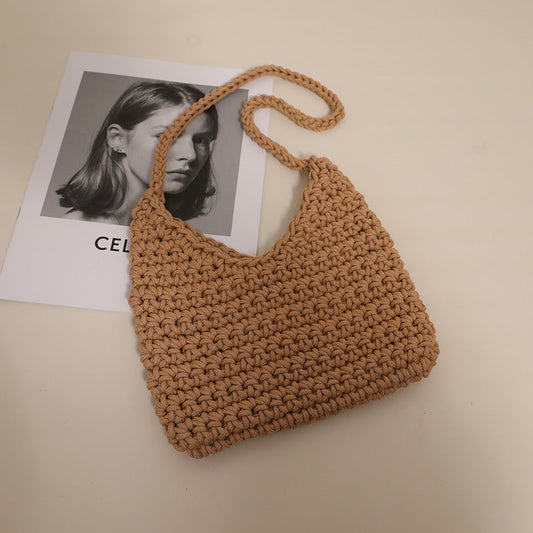Single Shoulder Cotton Thread Woven Bag Solid Color Single Shoulder Women Bag Casual Underarm Bag Vacation Beach Bag Bella Mia