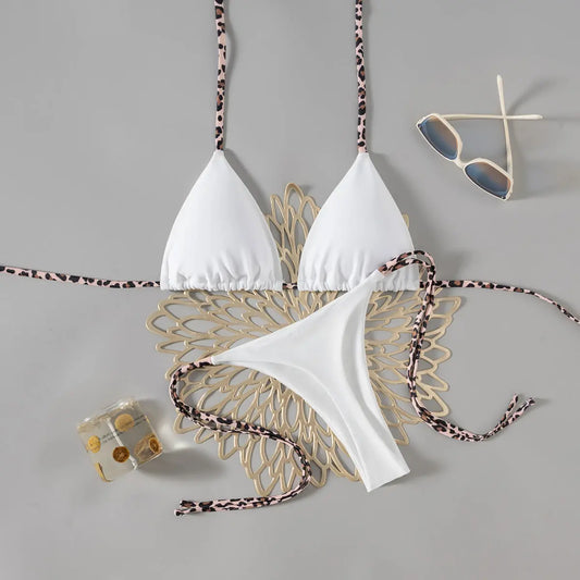 Bikini Set Lace Up Solid Color T Back Halter Strap Swimsuit For Women Bella Mia