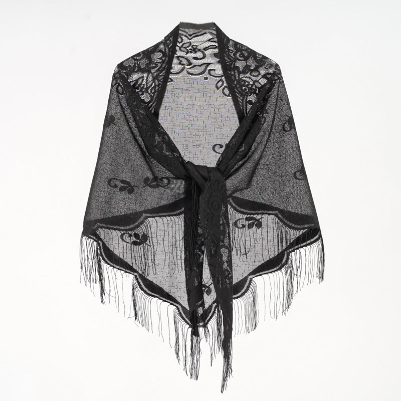 Nylon Hollow Out Cutout out Monochrome Breathable Tassel Triangular Binder Shawl Women Scarf Bella Mia