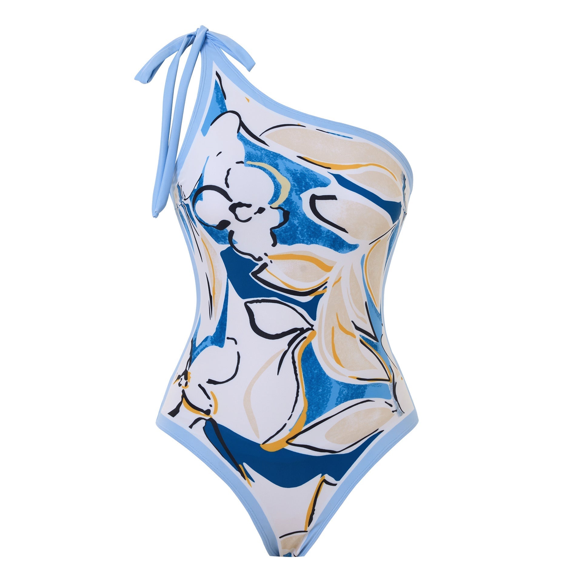 Sexy Swimsuit Women Siamese Triangle Shoulder Polyester Printed Lace up Swimsuit Bella Mia