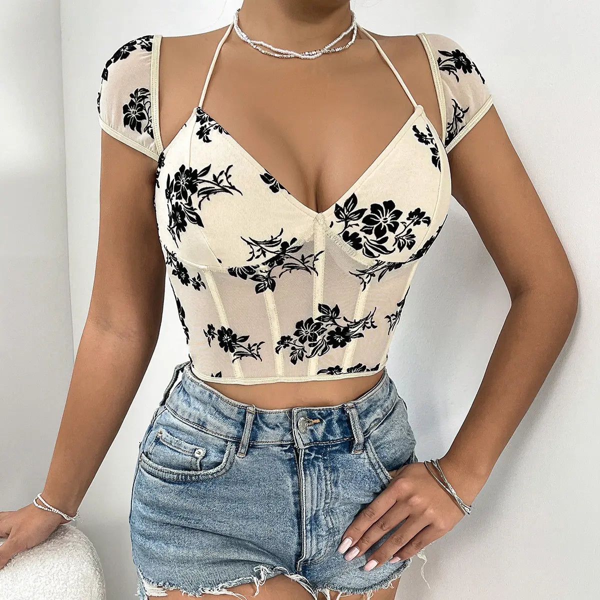 Sexy See Through Boning Corset Short Vest Halter Neck Lace Up Floral Pattern Bella Mia