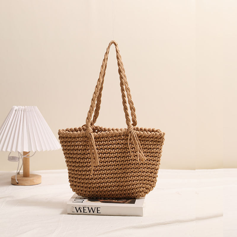 Tassel Shoulder Cotton Thread Woven Bag Solid Color Straw Bag Vacation Beach Bag Casual Women Bag Bella Mia