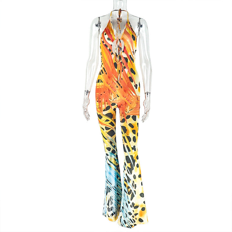 Office Women Clothing Slim Print Long Conjoined Trousers Lace up Halterneck Backless Bodysuit