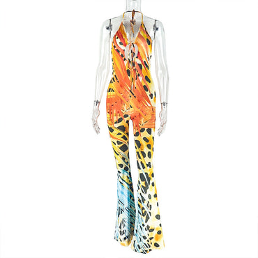 Office Women Clothing Slim Print Long Conjoined Trousers Lace up Halterneck Backless Bodysuit