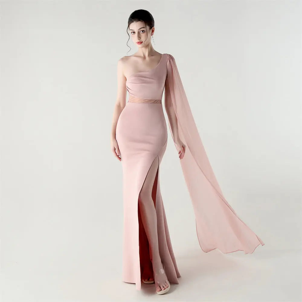 One Shoulder Satin Maxi Dress With Mesh Stitching Ruched Details Bella Mia