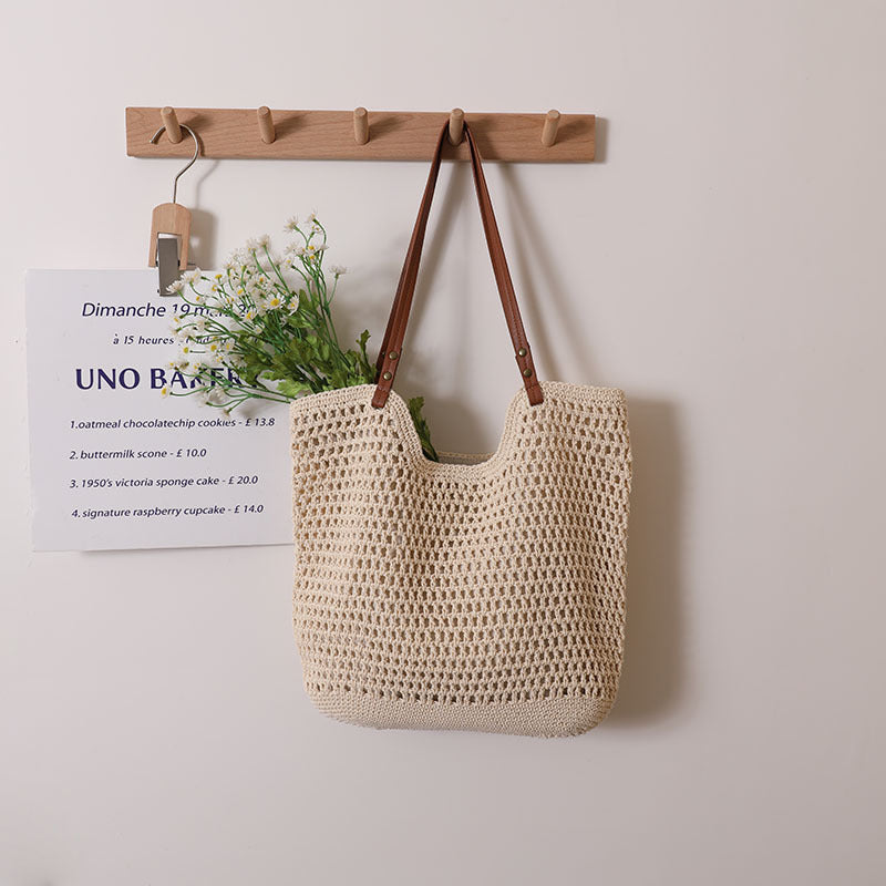 Casual Hollow Out Cutout Shoulder Cotton Thread Woven Bag Lazy Wind Portable Straw Weaved Bag Seaside Vacation Beach Bag Women Bag Bella Mia