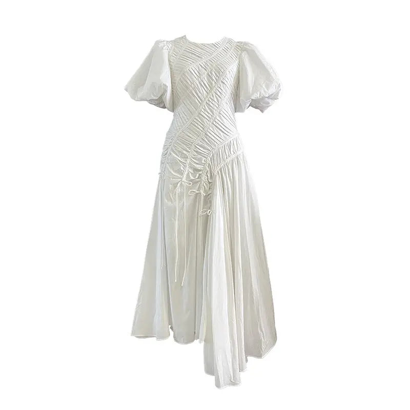 Elegant Simple Prom Dress Women Summer Maxi Dress Puff Sleeve round Neck Pleated Dress Bella Mia