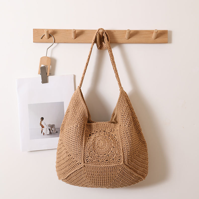 High Grade Single Shoulder Large Capacity Cotton Thread Woven Bag Hollow Out Cutout Floral Straw Bag Vacation Beach Bag Women Bag Bella Mia