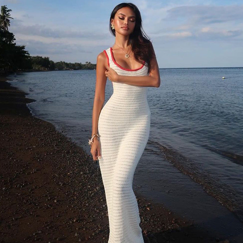 Women Clothing Autumn Sexy Cutout Knitted Contrast Color Bare Back Dress Bella Mia