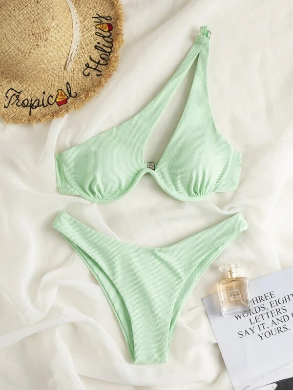 Sexy Women Seperated Swimwear Solid Color One Shoulder Underwire Bikini Bella Mia