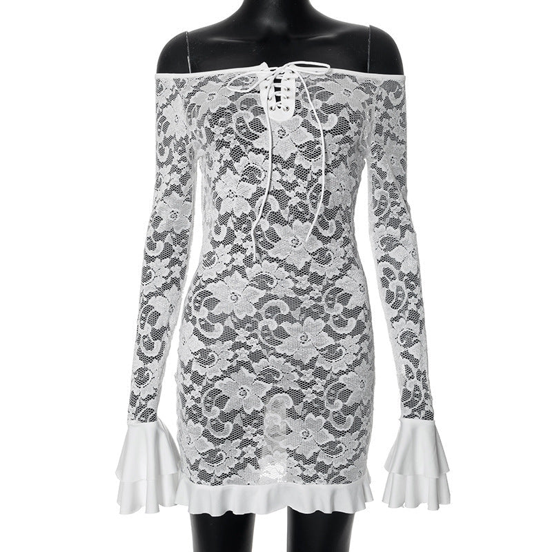 Sweet Spicy Lace Hollow Out Cutout out off Collar Tied Lotus Leaf Short Dress Summer Bella Mia