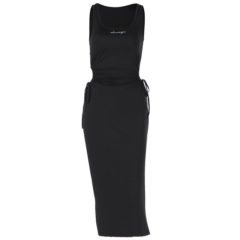 Women Clothing Summer Solid Color U Collar Lace up Cutout Sexy Slit Tight Dress Bella Mia